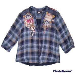 JOHNNY WAS 3J Workshop Floral Embroidered Plaid Button Down Top Size XL